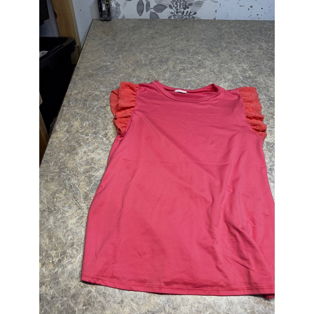Les Amis Pink Swiss Dot Ruffle Sleeve Knit Top Coral Crew Neck Blouse Large